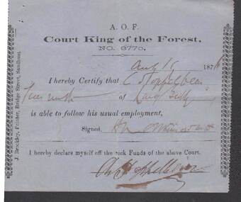 Document - ANCIENT ORDER OF FORESTERS NO 3770 COLLECTION: MEDICAL CERTIFICATE