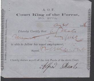 Document - ANCIENT ORDER OF FORESTERS NO 3770 COLLECTION: MEDICAL CERTIFICATE