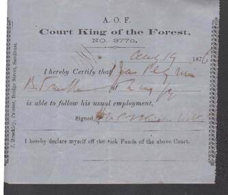 Document - ANCIENT ORDER OF FORESTERS NO 3770 COLLECTION: MEDICAL CERTIFICATE