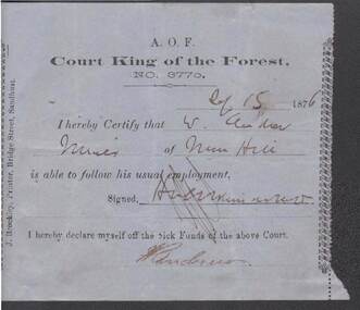 Document - ANCIENT ORDER OF FORESTERS NO 3770 COLLECTION: MEDICAL CERTIFICATE