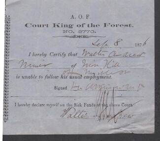 Document - ANCIENT ORDER OF FORESTERS NO 3770 COLLECTION: MEDICAL CERTIFICATE