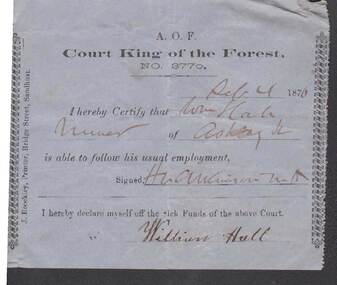 Document - ANCIENT ORDER OF FORESTERS NO 3770 COLLECTION: MEDICAL CERTIFICATE