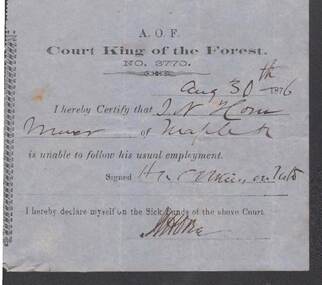 Document - ANCIENT ORDER OF FORESTERS NO 3770 COLLECTION: MEDICAL CERTIFICATE