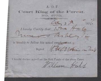 Document - ANCIENT ORDER OF FORESTERS NO 3770 COLLECTION: MEDICAL CERTIFICATE