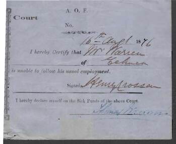 Document - ANCIENT ORDER OF FORESTERS NO 3770 COLLECTION: MEDICAL CERTIFICATE
