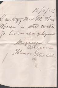 Document - ANCIENT ORDER OF FORESTERS NO 3770 COLLECTION: MEDICAL CERTIFICATE