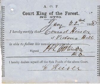 Document - ANCIENT ORDER OF FORESTERS NO 3770 COLLECTION: MEDICAL CERTIFICATE