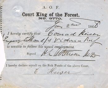 Document - ANCIENT ORDER OF FORESTERS NO 3770 COLLECTION: MEDICAL CERTIFICATE
