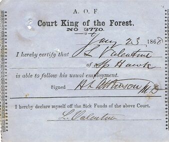 Document - ANCIENT ORDER OF FORESTERS NO 3770 COLLECTION: MEDICAL CERTIFICATE