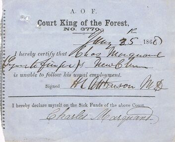 Document - ANCIENT ORDER OF FORESTERS NO 3770 COLLECTION: MEDICAL CERTIFICATE