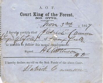 Document - ANCIENT ORDER OF FORESTERS NO 3770 COLLECTION: MEDICAL CERTIFICATE