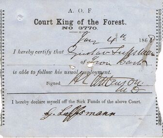 Document - ANCIENT ORDER OF FORESTERS NO 3770 COLLECTION: MEDICAL CERTIFICATE