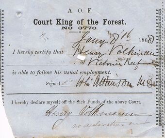 Document - ANCIENT ORDER OF FORESTERS NO 3770 COLLECTION: MEDICAL CERTIFICATE