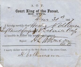 Document - ANCIENT ORDER OF FORESTERS NO 3770 COLLECTION: MEDICAL CERTIFICATE