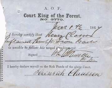 Document - ANCIENT ORDER OF FORESTERS NO 3770 COLLECTION: MEDICAL CERTIFICATE