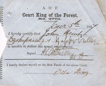 Document - ANCIENT ORDER OF FORESTERS NO 3770 COLLECTION: MEDICAL CERTIFICATE