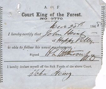 Document - ANCIENT ORDER OF FORESTERS NO 3770 COLLECTION: MEDICAL CERTIFICATE