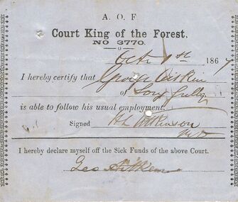 Document - ANCIENT ORDER OF FORESTERS NO 3770 COLLECTION: MEDICAL CERTIFICATE
