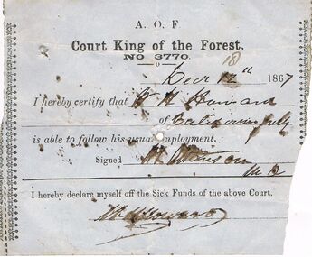 Document - ANCIENT ORDER OF FORESTERS NO 3770 COLLECTION: MEDICAL CERTIFICATE