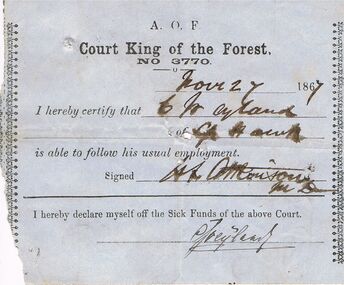 Document - ANCIENT ORDER OF FORESTERS NO 3770 COLLECTION: MEDICAL CERTIFICATE