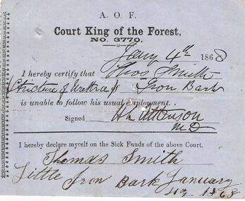 Document - ANCIENT ORDER OF FORESTERS NO 3770 COLLECTION: MEDICAL CERTIFICATE