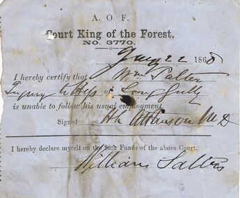 Document - ANCIENT ORDER OF FORESTERS NO 3770 COLLECTION: MEDICAL CERTIFICATE