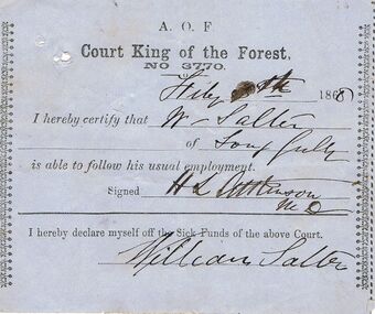 Document - ANCIENT ORDER OF FORESTERS NO 3770 COLLECTION: MEDICAL CERTIFICATE