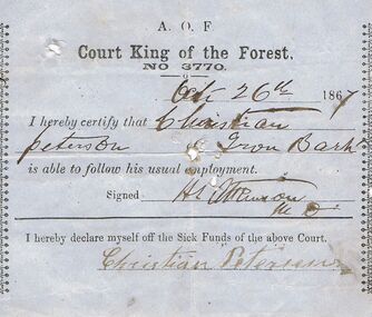 Document - ANCIENT ORDER OF FORESTERS NO 3770 COLLECTION: MEDICAL CERTIFICATE