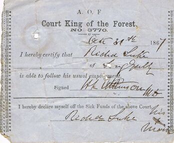 Document - ANCIENT ORDER OF FORESTERS NO 3770 COLLECTION: MEDICAL CERTIFICATE