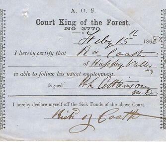 Document - ANCIENT ORDER OF FORESTERS NO 3770 COLLECTION: MEDICAL CERTIFICATE
