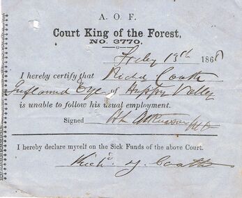 Document - ANCIENT ORDER OF FORESTERS NO 3770 COLLECTION: MEDICAL CERTIFICATE