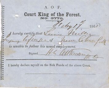 Document - ANCIENT ORDER OF FORESTERS NO 3770 COLLECTION: MEDICAL CERTIFICATE