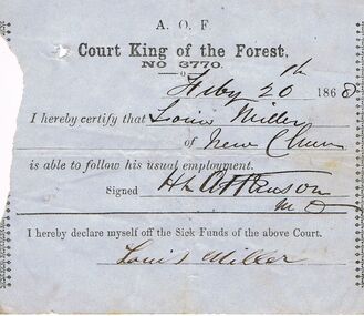 Document - ANCIENT ORDER OF FORESTERS NO 3770 COLLECTION: MEDICAL CERTIFICATE