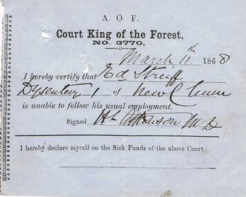 Document - ANCIENT ORDER OF FORESTERS NO 3770 COLLECTION: MEDICAL CERTIFICATE