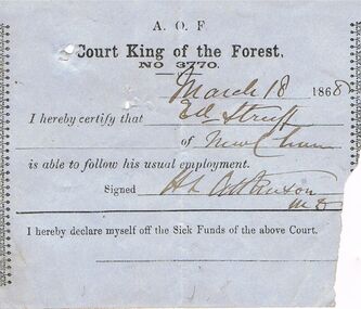 Document - ANCIENT ORDER OF FORESTERS NO 3770 COLLECTION: MEDICAL CERTIFICATE