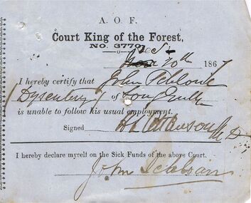 Document - ANCIENT ORDER OF FORESTERS NO 3770 COLLECTION: MEDICAL CERTIFICATE
