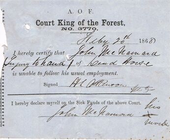 Document - ANCIENT ORDER OF FORESTERS NO 3770 COLLECTION: MEDICAL CERTIFICATE