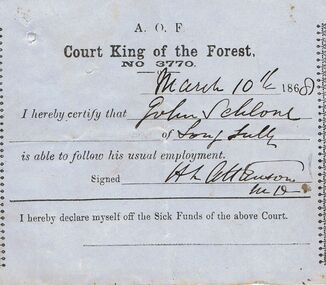 Document - ANCIENT ORDER OF FORESTERS NO 3770 COLLECTION: MEDICAL CERTIFICATE