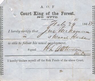 Document - ANCIENT ORDER OF FORESTERS NO 3770 COLLECTION: MEDICAL CERTIFICATE