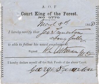 Document - ANCIENT ORDER OF FORESTERS NO 3770 COLLECTION: MEDICAL CERTIFICATE