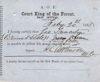 Document - ANCIENT ORDER OF FORESTERS NO 3770 COLLECTION: MEDICAL CERTIFICATE