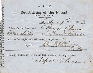 Document - ANCIENT ORDER OF FORESTERS NO 3770 COLLECTION: MEDICAL CERTIFICATE