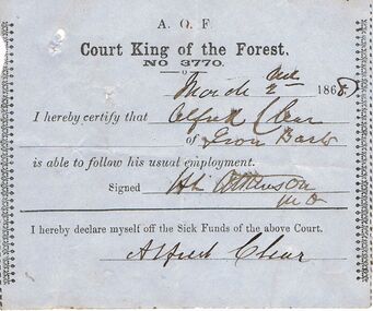 Document - ANCIENT ORDER OF FORESTERS NO 3770 COLLECTION: MEDICAL CERTIFICATE