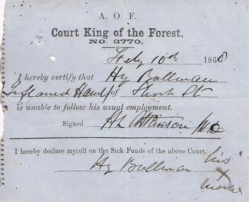 Document - ANCIENT ORDER OF FORESTERS NO 3770 COLLECTION: MEDICAL CERTIFICATE