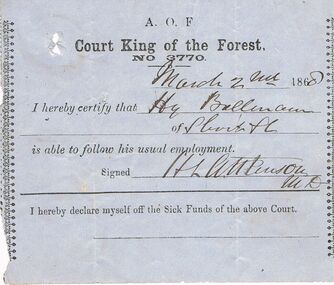 Document - ANCIENT ORDER OF FORESTERS NO 3770 COLLECTION: MEDICAL CERTIFICATE