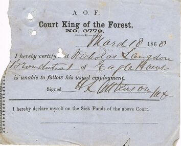 Document - ANCIENT ORDER OF FORESTERS NO. 3770 COLLECTION: MEDICAL CERTIFICATE