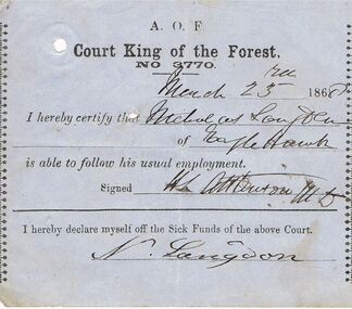Document - ANCIENT ORDER OF FORESTERS NO. 3770 COLLECTION: MEDICAL CERTIFICATE