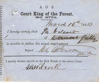 Document - ANCIENT ORDER OF FORESTERS NO. 3770 COLLECTION: MEDICAL CERTIFICATE
