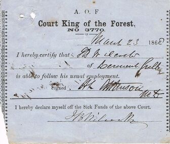 Document - ANCIENT ORDER OF FORESTERS NO. 3770 COLLECTION: MEDICAL CERTIFICATE