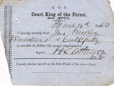 Document - ANCIENT ORDER OF FORESTERS NO. 3770 COLLECTION: MEDICAL CERTIFICATE